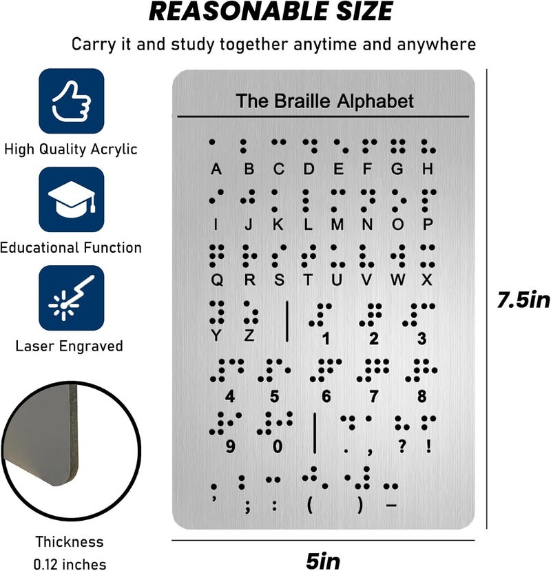 Blirik Braille Alphabet Board, English Alphabet, Numbers & Punctuation with Raised Dots,Braille Learning for Beginners, Braille Teaching Aid for Blind Children, Adults-7.5 x 5 inches, Silver - Image 2